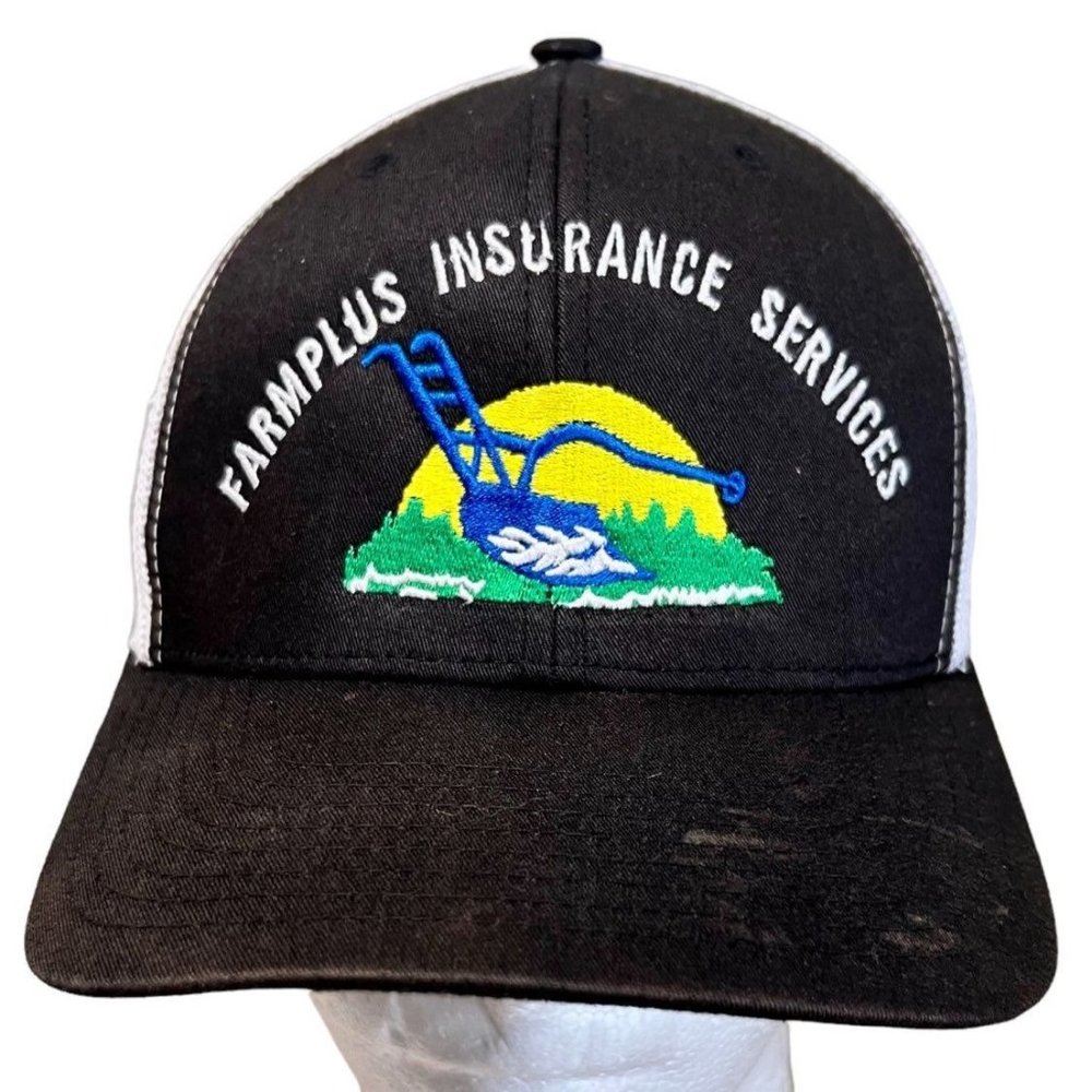 Vintage Farmplus Insurance Services Mesh Back Black White Trucker Snapback Hat